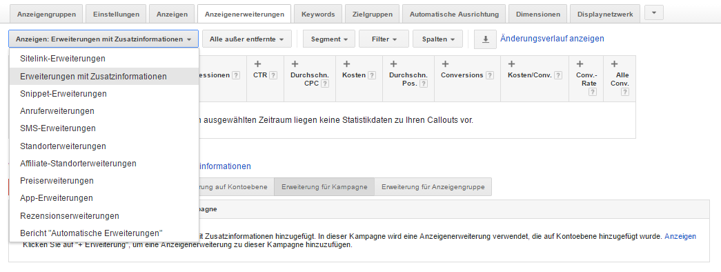 Einrichtung der Anzeigenerweiterungen mit Zusatzinformationen im Google AdWords Account