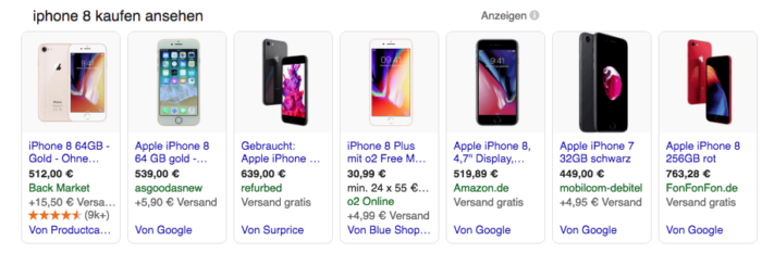 im Bild zu sehen: Anzeigen verschiedener Preissuchmaschinen in der Google-Suche
