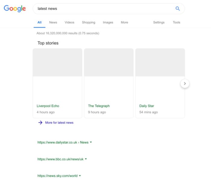 Das Bild zeigt Leere Google Suchergebnisse, wenn das geplante Leistungsschutzrecht umgesetzt würde.