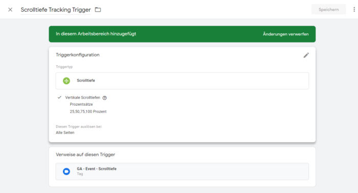 Screenshot des Vorgang einen Trigger zu erstellen für das scroll tracking mit google-tag manager und google-analystics 