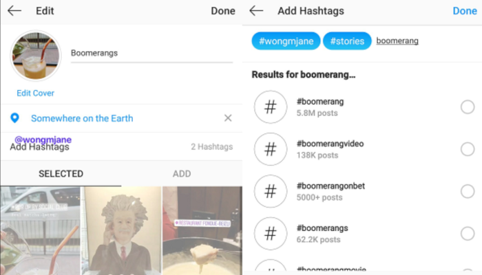 Screen des Instagram Story Highlights Editors, in dem Hashtags hinzugefügt werden