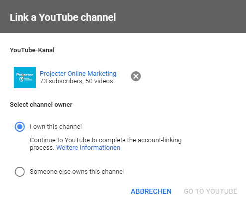 Screenshot, wie man einen YouTube-Kanal als Besitzer verlinkt