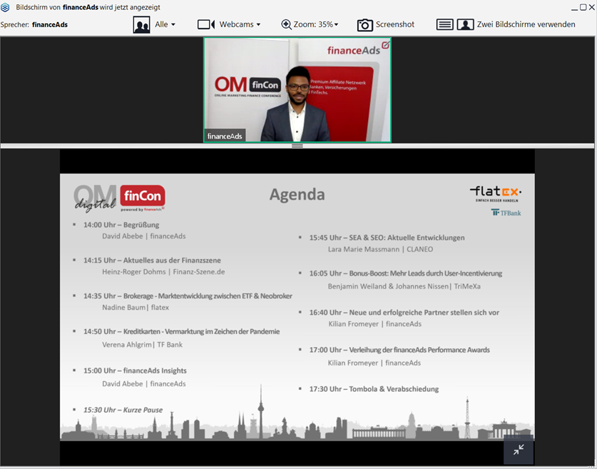 Screenshot Die Agenda der diesjährigen OMfinCon digital und Begrüßung durch Geschäftsführer David Abebe