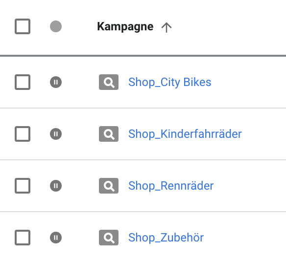 Screenshot Kampagnenstruktur nach Shop-Kategorien