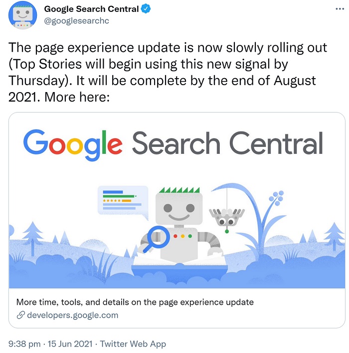 Screenshot Googles Ankündigung zum Start des Page Experience Updates auf Twitter